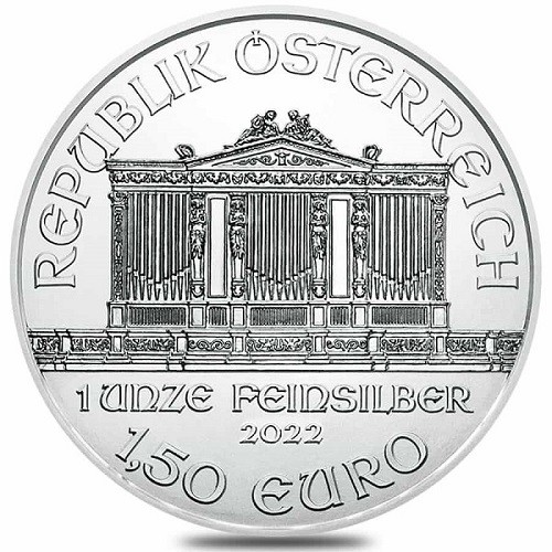 Philharmoniker strieborná minca 2022 500ks a viac - wiener philharmoniker strieborna investicna minca 2022 zadna